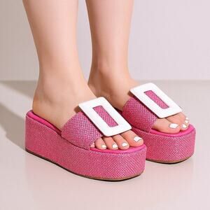 Cape Robbin Indi Platform Raffia Sandals for Women Chunky Open Squan Size 8